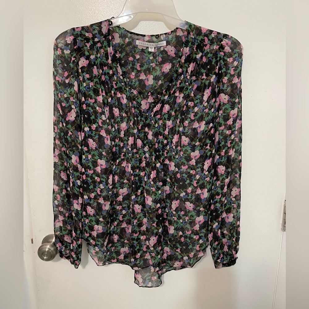 Veronica Beard 100% Silk Floral button up ruffle pleated semi sheer Blouse 8